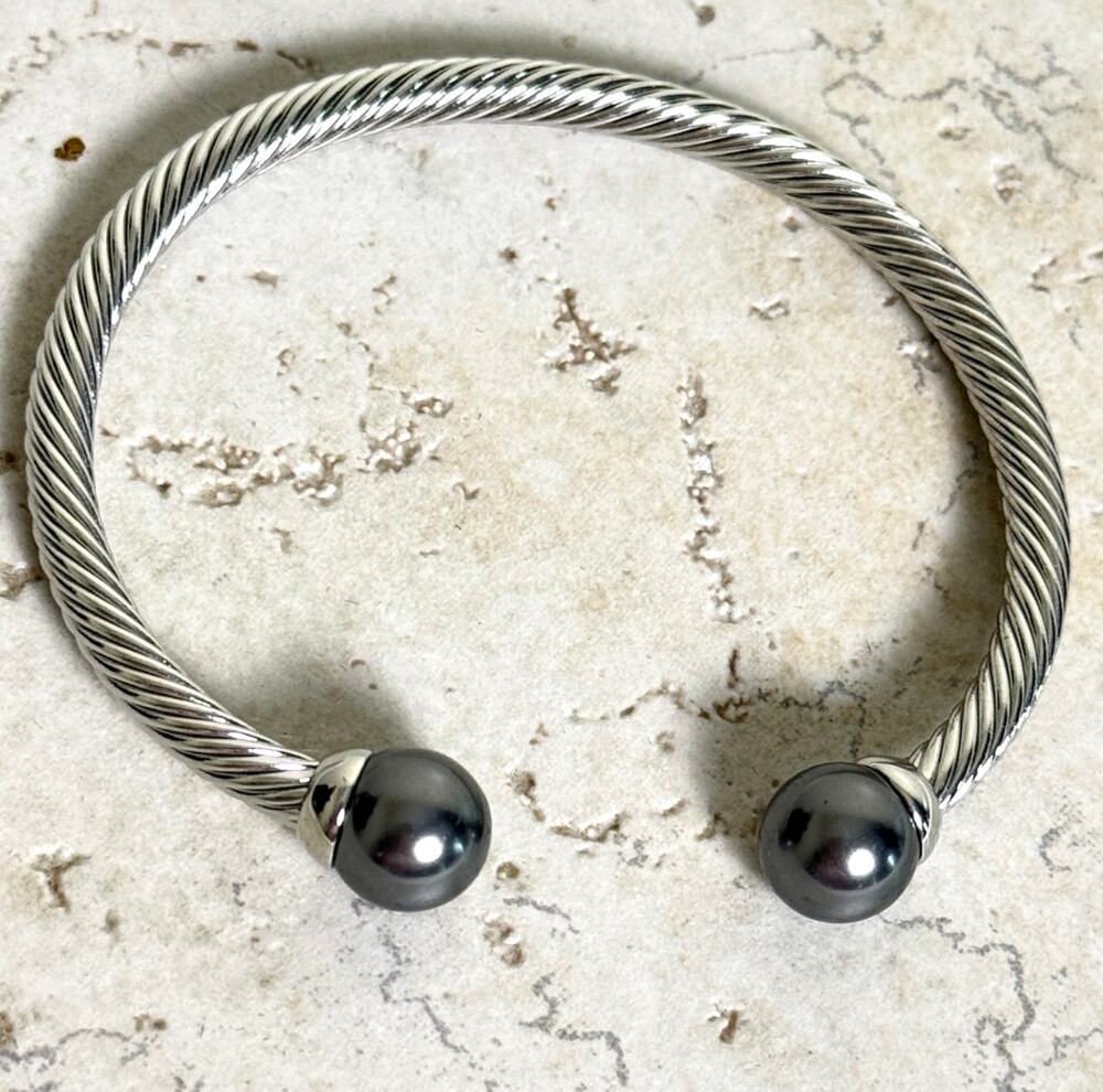 Touchstone Crystal by Swarovski With a Twist Open Cuff Bracelet Dark Grey Pearl